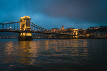 Twilight view of Széchenyi Chain Bridge over Danube, Budapest