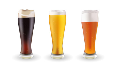 Different types of beer in glasses, isolated on white