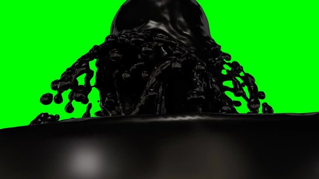 Animated close up of fountain of  crude oil or black paint erupting and splashing slowly filling up container against green background.