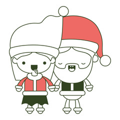 santa claus couple cartoon full body woman tongue out and man with eyes closed on color section silhouette