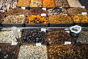 dried fruits and nuts stall la boqueria market barcelona spain