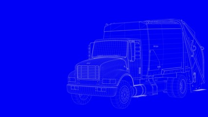 3d rendering of a blue print truck in white lines on a blue background