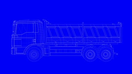 3d rendering of a blue print truck in white lines on a blue background