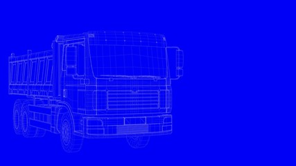 3d rendering of a blue print truck in white lines on a blue background