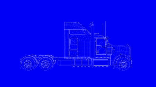 3d rendering of a blue print truck in white lines on a blue background