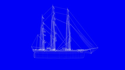 3d rendering of a blue print sail boat in white lines on a blue background