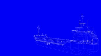 3d rendering of a blue print ship in white lines on a blue background