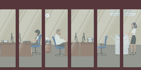 People in the office. View from the street. Office workers sit at the desks. A young woman stands near a copy machine. Vector illustration.