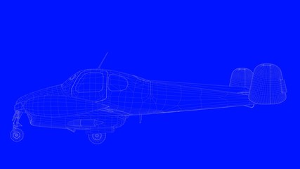 3d rendering of a blue print airplane in white lines on a blue background