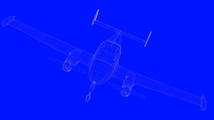3d rendering of a blue print airplane in white lines on a blue background