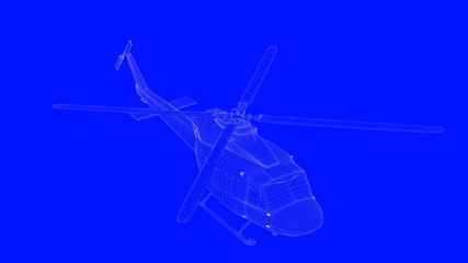 3d rendering of a blue print helicopter  in white lines on a blue background