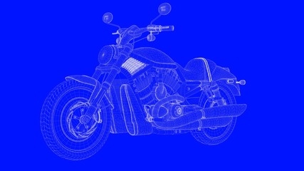 3d rendering of a blue print motor  in white lines on a blue background