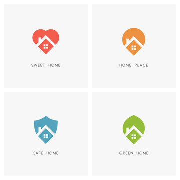 Home logo set. House with window and chimney on the roof and heart or love, address pointer, shield and leaf symbol - family, position, defense, ecology, real estate and realty icons.