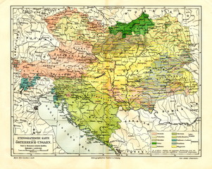 Fototapeta na wymiar Ethnographic map of Austria-Hungary (from Meyers Lexikon, 1896, 13/288/289)
