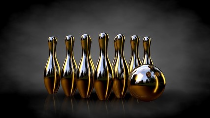 3d rendering of a golden bowling set on a dark background