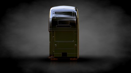 3d rendering of a golden bus on a dark background