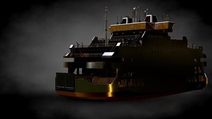 3d rendering of a golden ship on a dark background