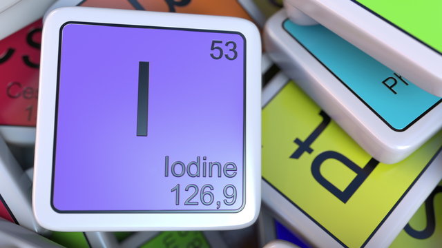 Iodine I block on the pile of periodic table of the chemical elements blocks. Chemistry related 3D rendering