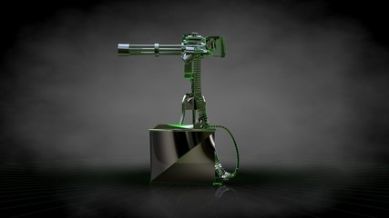 3d rendering of a reflective shoot gun with green outlined lines as blueprint on dark background