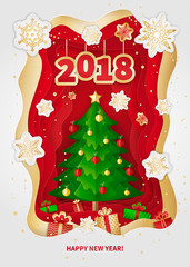 New Year 2018 greeting card design. Christmas tree, decorations, gifts and snowflakes. Paper arts and crafts style. Vector illustration.