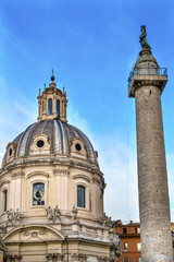 Fototapeta na wymiar Trajan Column Nome di Maria Church Trajan Market Rome Italy