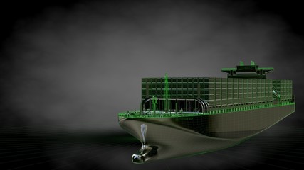 3d rendering of a reflective huge cargo ship with green outlined lines as blueprint on dark background