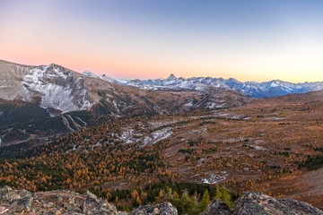 Autumn Sunset Landscape Panoramic View of Sunshine Meadows and Distant Mount Assiniboine in Banff National Park, Rocky Mountains Alberta Canada