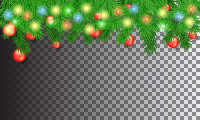 Christmas tree branches with colorful luminous garlands and red Christmas balls on a transparent background