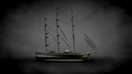 3d rendering of a metalic reflective ship on a dark background