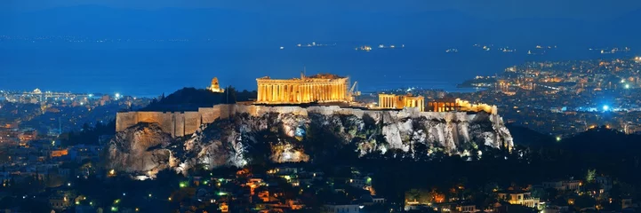 Fotobehang Athene De skyline van Athene met de nacht van de Akropolis