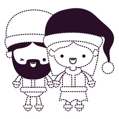 santa claus couple cartoon full body man wink eye and woman smiling on dotted monochrome silhouette