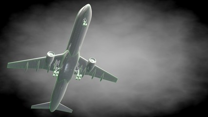 3d rendering of a reflective airplane with green outlined lines as blueprint on dark background