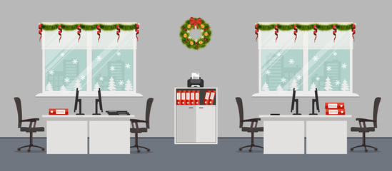 Office room, decorated with Christmas decoration. There are white desks, black chairs, computers, a cabinet with printer and other objects in the picture. Vector illustration