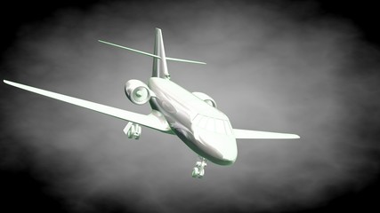 Fototapeta na wymiar 3d rendering of a reflective airplane with green outlined lines as blueprint on dark background