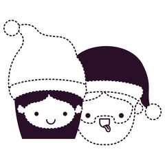 santa claus couple cartoon faces woman happiness and man with tongue out on dotted monochrome silhouette