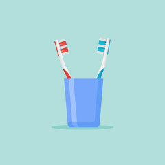 Toothbrushes in glass isolated on background. Flat style vector illustration.