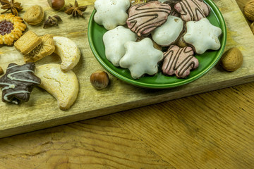 Christmas decoration from different varieties of nuts and biscuits
