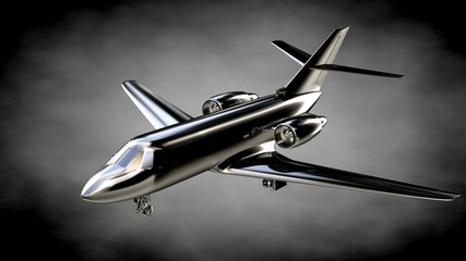 Fototapeta na wymiar 3d rendering of a metalic reflective airplane on a dark background