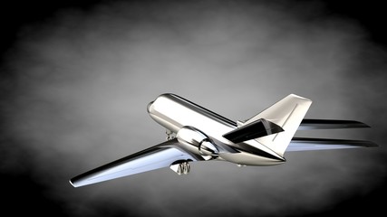 3d rendering of a metalic reflective airplane on a dark background