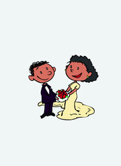 Couple of black newlyweds, posing happy. Vector isolated characters.