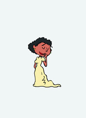 Black bride in gesture of modesty and shyness. Vector isolated character.