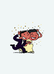 Just married under rain of rice, happy. Vector isolated black characters.