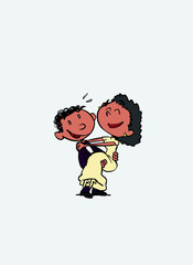 Couple of black newlyweds, happy. The black groom holds the bride in his arms. Vector isolated characters.