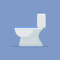 Toilet bowl flat style icon on blue background. Vector illustration.