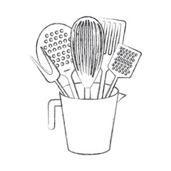 jar with kitchen utensils monochrome blurred silhouette