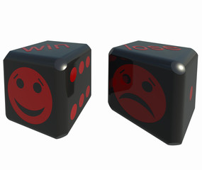 Black dice 3D illustration isolated on white. Win-lose concept. Collection.