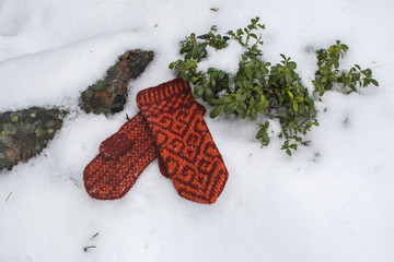 Red knitted mittens with ornament on the snow 