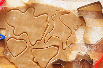 Homemade gingerbread cookies, forms and baking ingredients.
