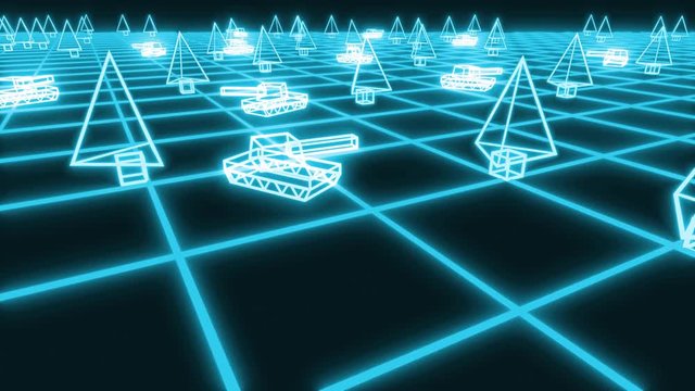 Retro 80s game tanks VHS tape video war battle vector arcade tron wireframe 4k