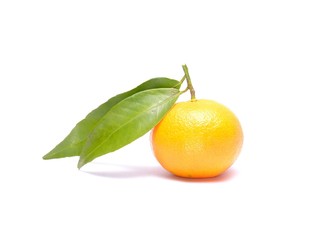  Fresh tangerine on stem with green leaves isolated on white